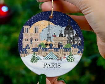 Paris Themed Christmas ornament, Illustrated Paris Landmarks, Christmas midnight sky scene, Snow in Paris, Parisian souvenir Christmas gift