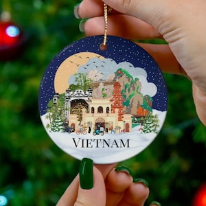 Vietnam Inspired Christmas ornament, Snowy Vietnam scene, Illustrated Vietnam Landmarks, Vietnam souvenir, Halong Bay Hanoi Saigon ornament