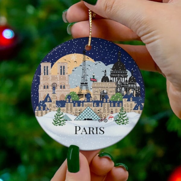 Paris Themed Christmas ornament, Illustrated Paris Landmarks, Christmas midnight sky scene, Snow in Paris, Parisian souvenir Christmas gift