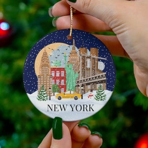 New York Inspired Christmas ornament, Illustrated New York Landmarks, Christmas midnight sky, Snow in New York, NYC souvenir Christmas gift