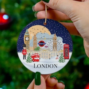 London Christmas ornament, Illustrated London ornament, Christmas midnight sky ornament, Snow in London ornament, London Christmas gift