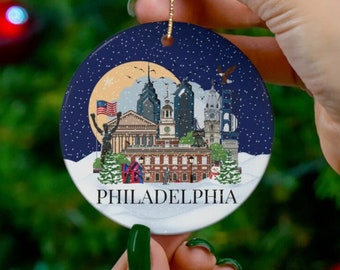 Kerstornament Philadelphia, geïllustreerde bezienswaardigheden van Philadelphia, kerstdecor, huisdecoratie Philadelphia, souvenir Philadelphia, kerstcadeau