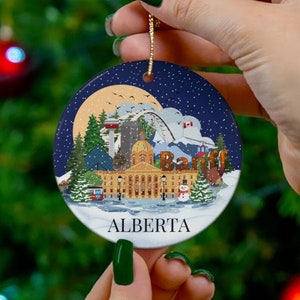 Alberta Christmas ornament, Illustrated Alberta Landmarks, Christmas in Alberta, Banff ornament, Calgary tower, Banff Alberta souvenir