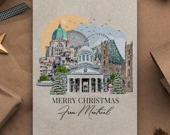Kerstwenskaart Montreal, geïllustreerde kerstkaarten met reisthema, souvenir Montreal Quebec