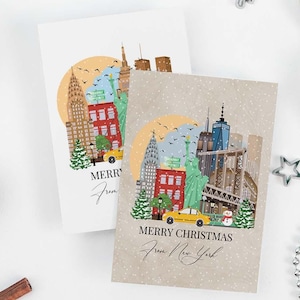 Carte de voeux de Noël à New York, monuments illustrés de New York, coffret cadeau de cartes de Noël, neige à New York, cadeau de Noël souvenir de New York