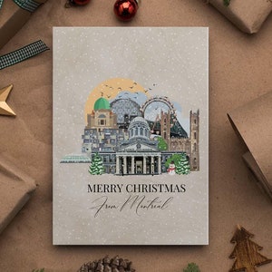 Carte de voeux de Noël à Montréal, carte de voeux sur le thème du voyage, carte de vœux, ensemble de cartes de voyage de Noël, carte de voeux illustrée de Montréal