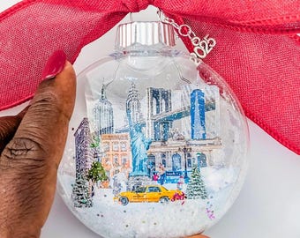 New York Christmas ornament, Floating snow ornament, Illustrated NYC skyline, New York souvenir, Handcrafted Keepsake (2025 Edition)