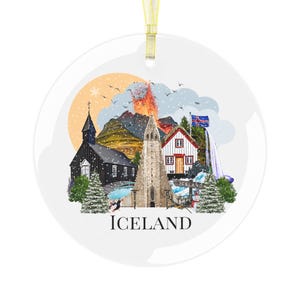 Colourful tempered Glass Iceland ornament featuring a colourful illustration of popular Icelandic Landmarks like the Reykjavik church, waterfall, volcano, black sand beach, elephant rock, puffins and more! The text "ICELAND" is printed on under the design.
