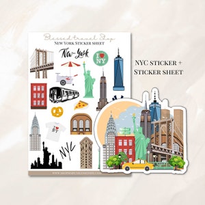 Naklejka Nowy Jork, Panorama Nowego Jorku, Naklejka Illustrated New York Landmarks, Naklejka NYC, Naklejka Planner Journal Notebook, Naklejka na laptopa