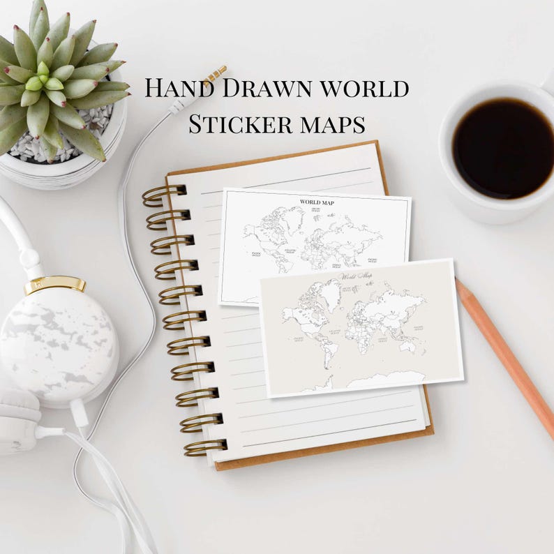 Hand Drawn Colour-in World Map Sticker, Travel Tracker Paper Decal ...