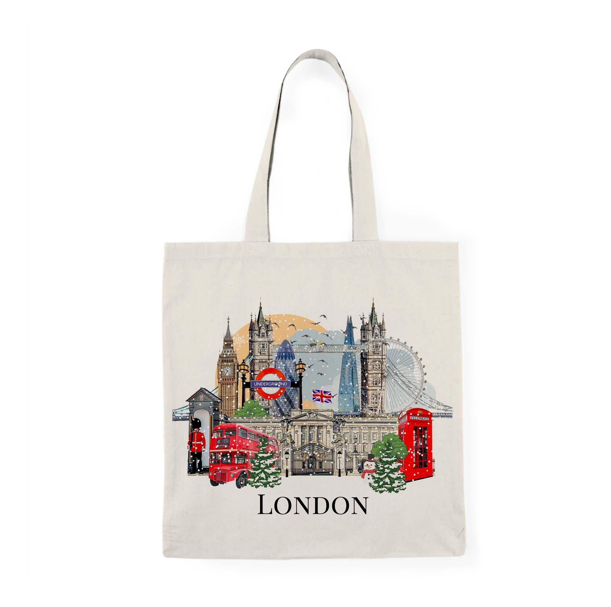 ロンドン キャンバス トートバッグ、イラスト入りのカラフルな英国の