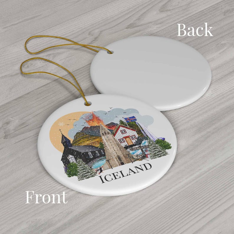 Colourful single sided Iceland ornament featuring a colourful illustration of popular Icelandic Landmarks like the Reykjavik church, waterfall, volcano, black sand beach, elephant rock, puffins and more! The text "ICELAND" is printed on under the design.