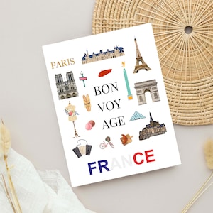 Carte de voeux Bon voyage, carte d'adieu d'inspiration française, art de voyage mignon à Paris, carte de voeux de voyageur, carte d'inspiration France