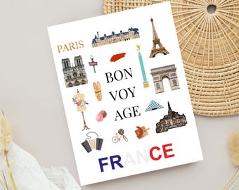 Carte de voeux Bon voyage, carte d'adieu d'inspiration française, art de voyage mignon à Paris, carte de voeux de voyageur, carte d'inspiration France