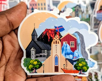 Iceland stickers, Illustrated Iceland landmarks sticker, Nordic travel stickers, Planner Journal stickers, Colourful Reykjavik stickers