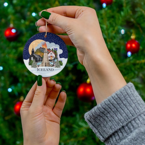 Iceland Christmas ornament, Travel themed tree decor, Illustrated Icelandic Landmarks, Personalized Iceland ornament, Nordic souvenir