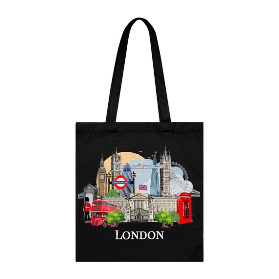 ロンドン キャンバス トートバッグ、イラスト入りのカラフルな英国の