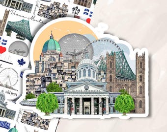May include: A die-cut sticker featuring a collage of Montreal landmarks including the Marché Bonsecours, the Biosphere, the Jacques Cartier Bridge, and the Grande Roue de Montréal, set against a soft peach-colored circular background.