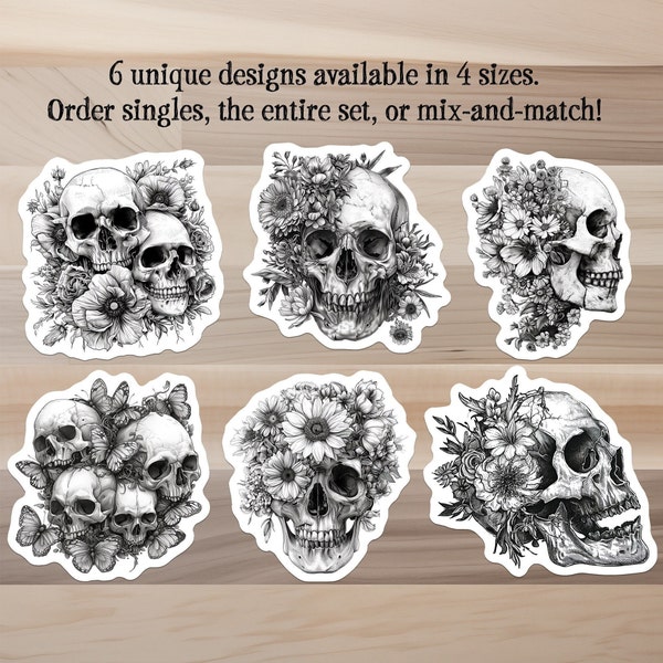 Skull Flower Butterfly Vinyl Sticker Set, Skulls & Blooms Gothic Die Cut Laminated Matte Decals, 6 Designs, Singles or Sets, Dark Tattoo Art