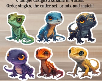 Chibi Style Reptile Stickers, Die-cut Vinyl Lizard Decals, 6 Designs, Matte Finish, Singles or Packs, Geckos, Chameleons, Anoles, Skinks