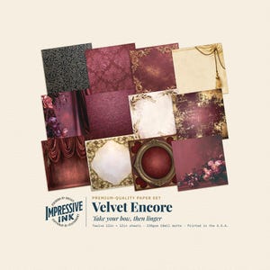 May include: A set of twelve 12in x 12in sheets of decorative paper titled Velvet Encore by Impressive Ink. The collection features various designs in deep red, gold, and black, including floral patterns, ornate frames, and velvet curtain motifs.
