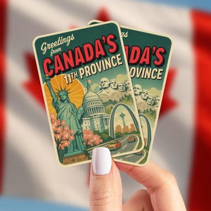 Saludos desde la 11.ª provincia de Canadá - Paquete de 2 pegatinas de vinilo laminado - Apoya a organizaciones benéficas prodemocracia - Calcomanías satíricas anti-Trump Maga
