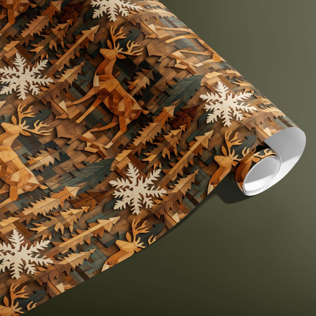 Timber Pattern Wrapping Timber Tapestry Wrapping Paper – Rustic Woodland Reindeer & Snowflakes ...