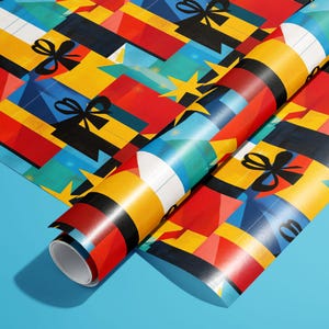 Joyful Jumble Wrapping Paper – Mid-Century Modern Geometric Pattern & Retro Color Pop Satin Gift Wrap for Birthdays, Xmas or Any Holiday