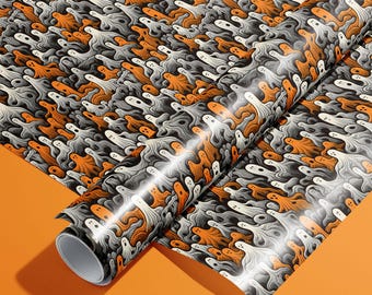 Cartoon Ghost Halloween Gift Wrap, Playful Spooky Design