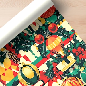 Merry Mid-Century Gift Wrap - Bold Retro Christmas Ornaments Wrapping Paper, Modern Vintage Xmas Giftwrap in Matte or Satin Finish