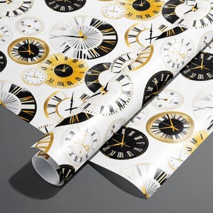 May include: White wrapping paper with a repeating pattern of gold and black clocks. The paper is rolled up and the edges are visible.