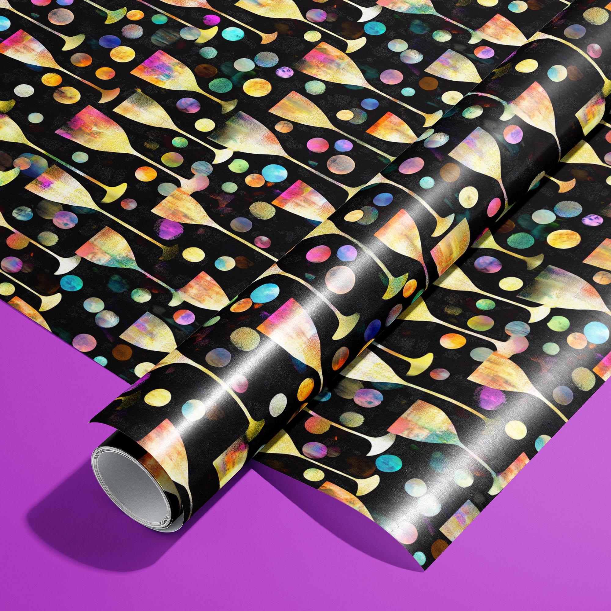 Papel de regalo satinado Radiant Revelry: copas de champán de fantasía y burbujas de colores sobre fondo negro para fiestas, aniversarios, bodas y más.
