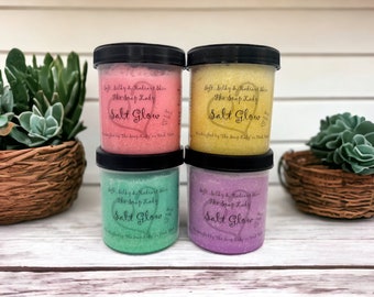 Éclat au sel, gommage corporel au sel, gommage corporel, gommage corporel aux huiles essentielles, gommage exfoliant pour le corps, gommage corporel hydratant, fabrication artisanale, cadeau