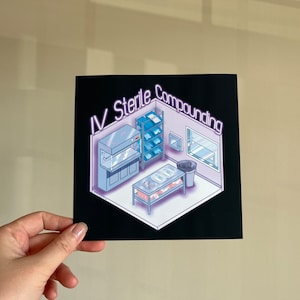 May include: A black and white illustration of a sterile compounding pharmacy with a laminar flow hood, shelves, and a table with supplies. The text "IV Sterile Compounding" is written in a purple neon style.