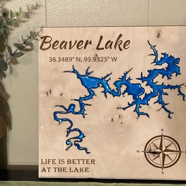 Beaver Lake Sign, 12x12 Laser Engraved and Resin Filled Lake Sign, Custom Made Lake Sign, Beaver Lake Arkansas, Choose Your Lake Sign