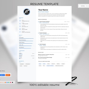 May include: A white resume template with the text "RESUME TEMPLATE" at the top and bottom. The resume includes sections for contact information, work experience, skills, and education. The text "100% editable resume" is also visible.