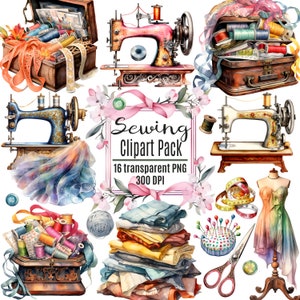 Watercolor Sewing Clipart, Sewing Machine Clipart, Digital Download, Commercial Use, Shabby Chic, Vintage, Cottagecore, Sewing Quilting PNG
