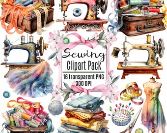 May include: A watercolor illustration of sewing supplies, including vintage sewing machines, spools of thread, fabric, buttons, and a pincushion. The image also includes a floral border with pink ribbons and the text "Sewing Clipart Pack 16 transparent PNG 300 DPI".
