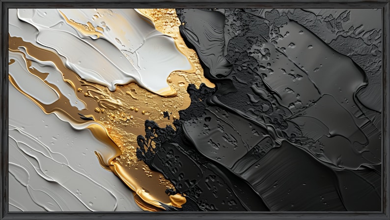 Set of Elegant Black, Gold and White Abstract Painting, Textured Impasto, Samsung Frame TV Art, Digital Download, Oil Wall Art, Marble image 4