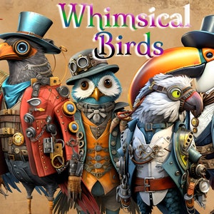 Whimsical Birds Cliparts 10 PNG Scrapbooking Art Digital Commercial Use Printable Sheets, Digital Download, Clip Art PNG, Steampunk Bird