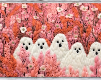 Samsung Frame TV Art in Style of Embroidered Picture, cute white ghosts covered with flowers, embroidery design, felt creations, Nursery Art