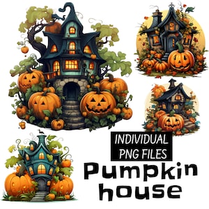 Set Of Watercolor Vintage Pumpkin House, Fall PNG For Commercial Use POD, Autumn Clip Art PNG For Sublimation prints on demand and more