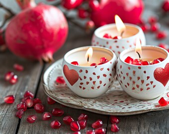 Valentine&#39;s Day FRAME TV Art, Magnificent Pomegranate: A Symbol of Love on a Table with Round Cups, Digital Download, Samsung Frame TV Art