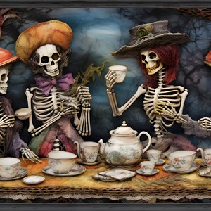 Skeletons are Drinking Tea for Samsung Frame TV Art, Halloween Dead Art, Cute and Funny Skeletons