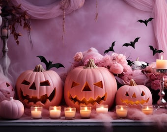 May include: A Halloween-themed display featuring pink carved pumpkins with lit faces, surrounded by candles, flowers, and black bat decorations. The scene is set against a pink backdrop, creating a festive and spooky atmosphere.
