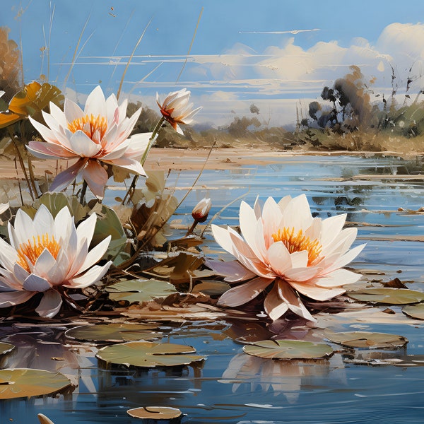 Ölgemälde Seerose in einem Wasser, Samsung Rahmen TV Kunst, Vintage Landschaft Feld, digitaler Download, antikes Kunstwerk, Wanddekor, Best