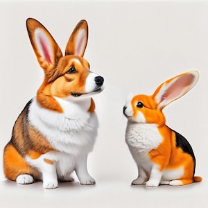 Op de afbeelding: Een bruine en witte corgi-hond kijkt naar een klein oranje en wit konijn. Het konijn zit op een wit oppervlak.