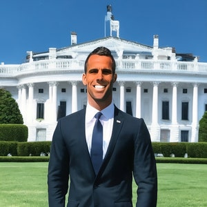 May include: A man wearing a dark blue suit with a white shirt and a dark blue tie stands in front of the White House. He is smiling and looking at the camera.
