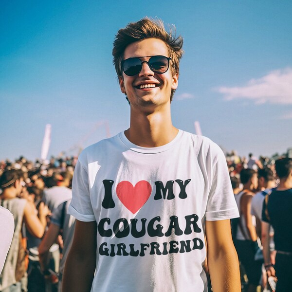 Funny 'I Love My Cougar Girlfriend' Pocket Heart T-Shirt – 100% Cotton, Unisex, Soft & Comfortable – Great Gift For Couples