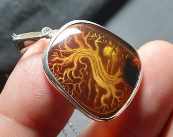 Amber levensboom ketting, verzilverde unieke handgemaakte ketting